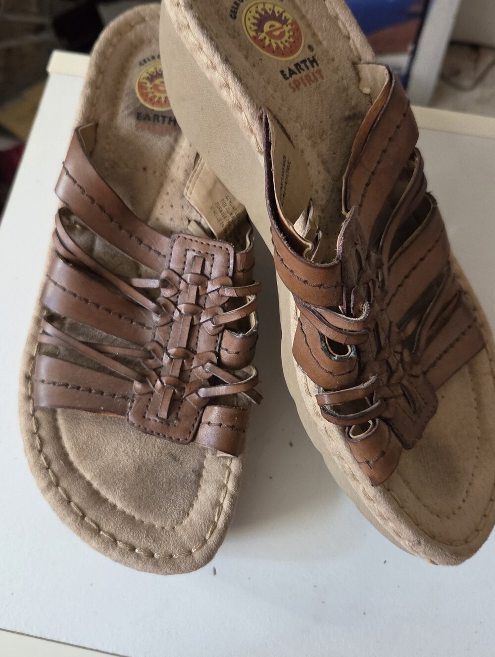 Earth Spirit Tan Woven Leather Slide Sandals - Picture 3 of 5